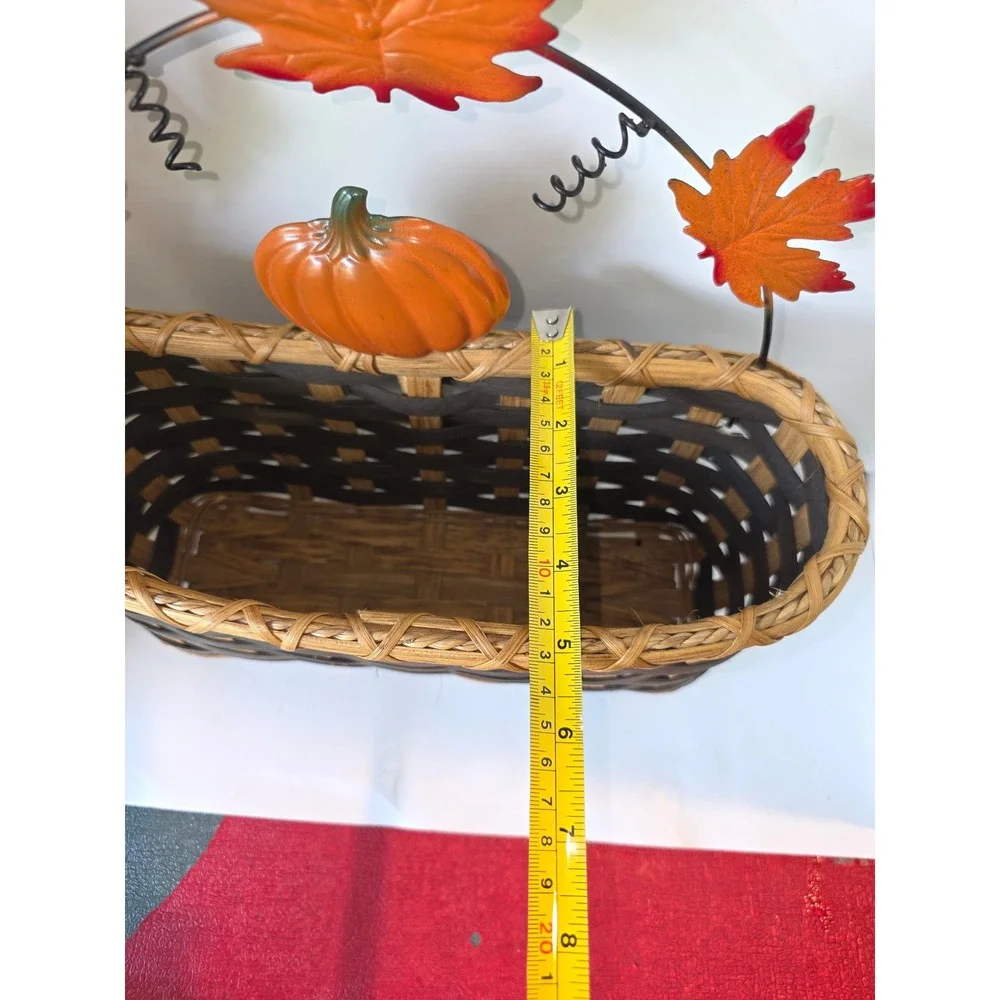 Vintage 1990s Harvest Basket Woven Wicker Pumpkin Maple Leaf Metal Handle Decor